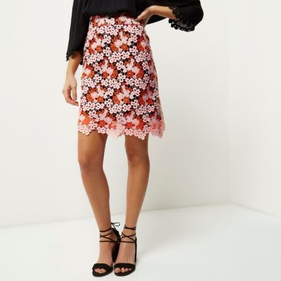 Orange lace A-line skirt